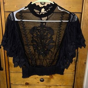 Forever 21 Black Sheer Lace Cropped Blouse